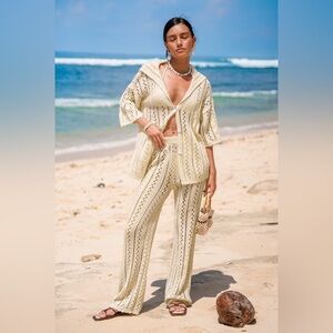 Cream Collared Button-Up Crochet Top & Pants Set size L (US 12). NWT